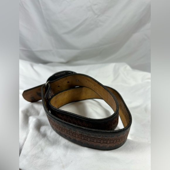 Vintage Bergamot Brass Works 1983 SALOON cowboys belt buckle and brown belt 34 - Picture 7 of 14